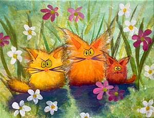 painting of three orange cats sitting in a flower patch
