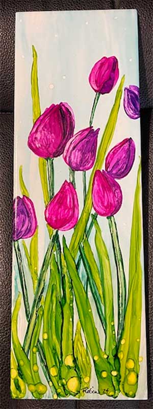 tulips painted with alcohol ink on ceramic tile