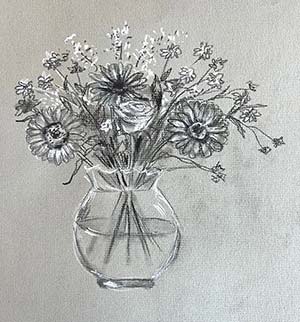 charcoal drawing of flowers in vase