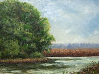 a plein air painting of a tree by a bend in a river