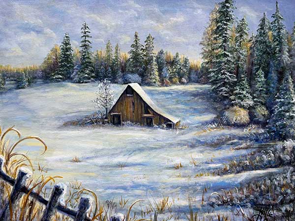 painting of a cabin in snow surrounded by evergreen trees