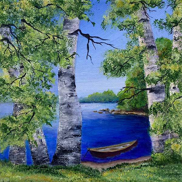 oil painting of blue lake, blue sky, and one row boat near the shore