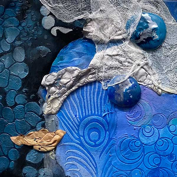 mixed media depiction of water elements with fish net