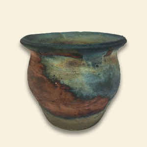 a photo of a Raku vase in brown and turquoise