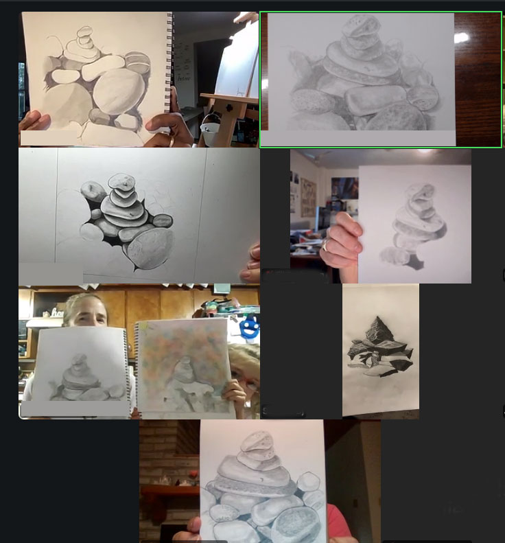 several drawings of rocks done by the free drawing class