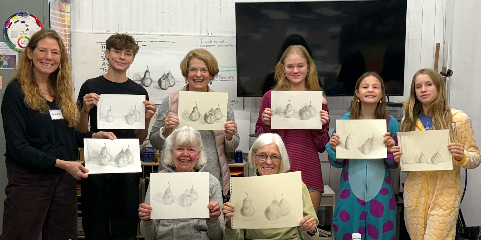 a photo of students and instructor from our arts center class on drawing on the right side of the brain
