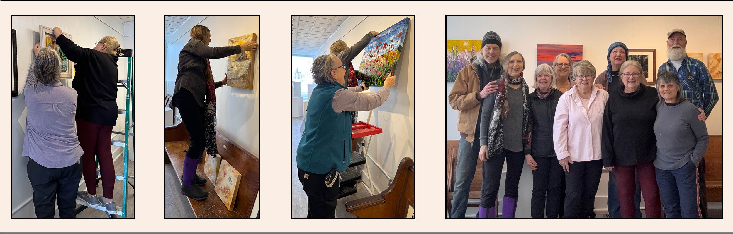 banner showing some of the volunteers who are helping to renovate the arts center and hanging the new show