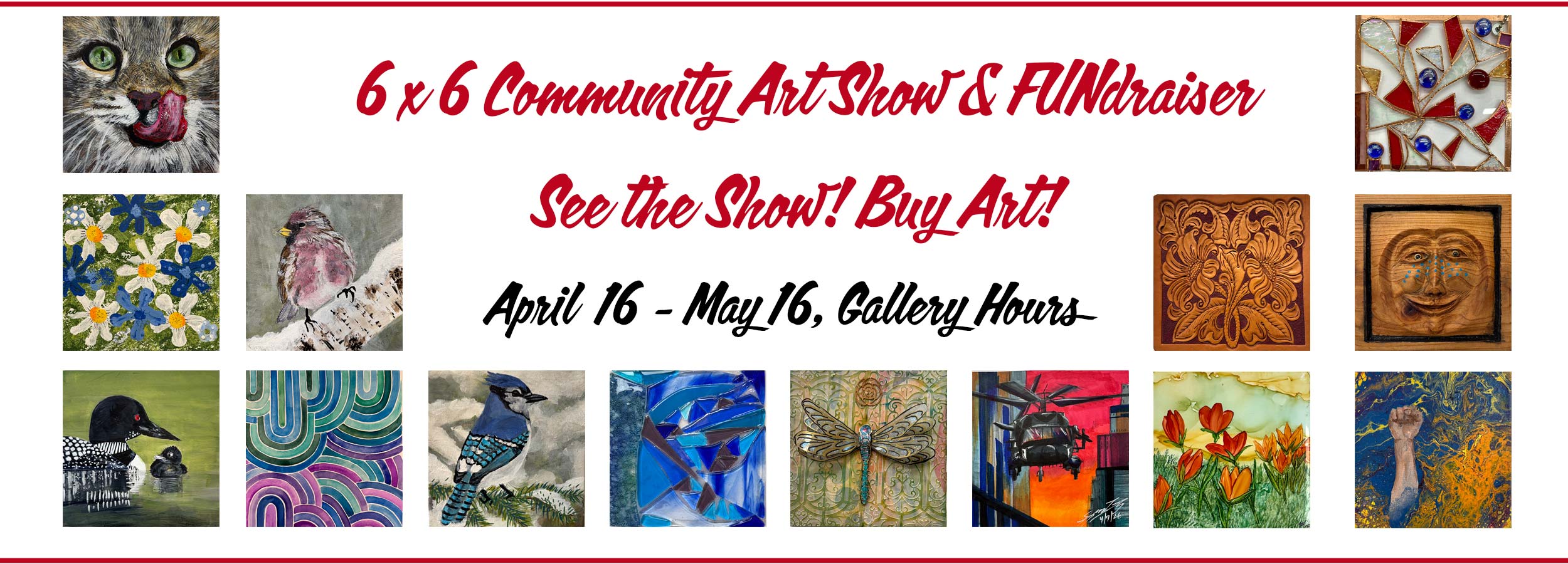 website banner stating the 6x6 show is now open and showing several examples of 6x6 artwork made by community members