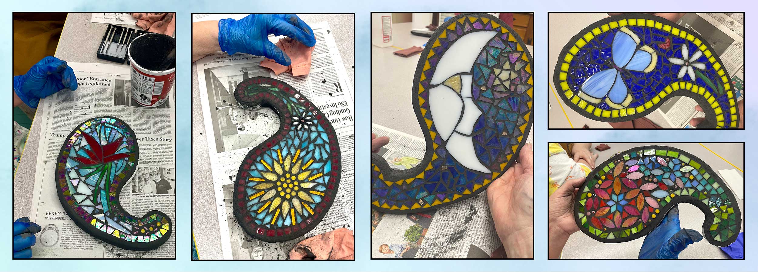 photos of five mosaic garden artworks created in the garden mosaic art class