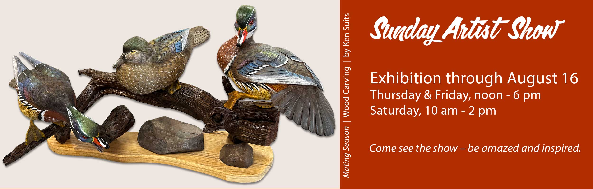 website banner announcing that the Sunday Artist Show can be seen through August 16, gallery days and hours