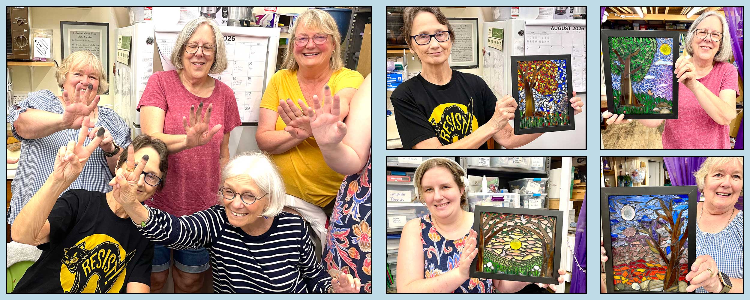 photos from a recent arts center class in glass mosaic