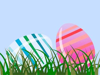 a painting of two colorful Easter eggs in green grass
