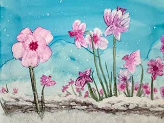 a painted tile showing pink flowers emerging from white snow against a turquoise sky