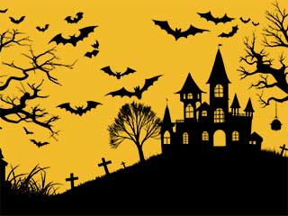 a spookey image showing bare trees, gravestones, bats and an old house in bright gold and black