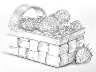 a drawing of strawberries in a wood basket