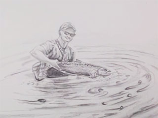 drawing of an angler standing in a river holding a salmon
