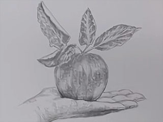 a drawing of a hand holding an apple