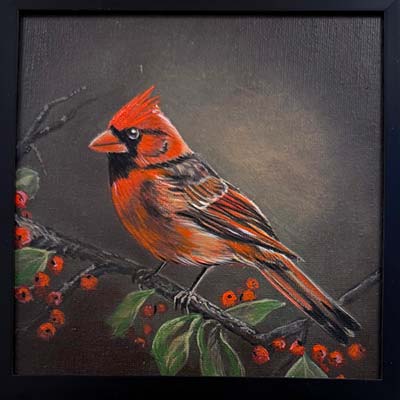 a 6x6-inch artwork showing a painting of a male cardinal