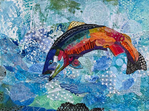 painting of a fish made of patchwork material titled material gil