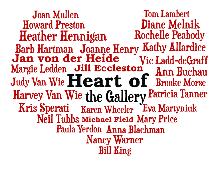 the names of the volunteers who helped to remodel the gallery after it was flooded. The names are in the shape of a heart.
