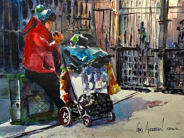 watercolor painting by Craig Anderson depicting woman sitting on trash can eating food.
