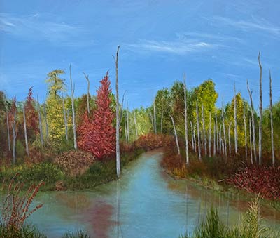 oil painting of trees beside a stream