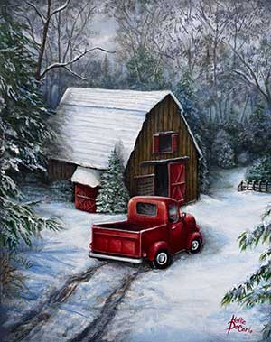 painting of a barn and old red truck in winter