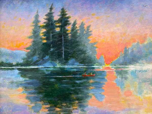 a watercolor painting of a canoe in a lake at sunrise