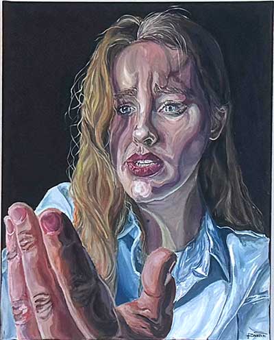 a painting titled My Own Stranger, featuring a woman looking at her hand; this painting won 1st place in the painting category for highschool for the student art show 2026