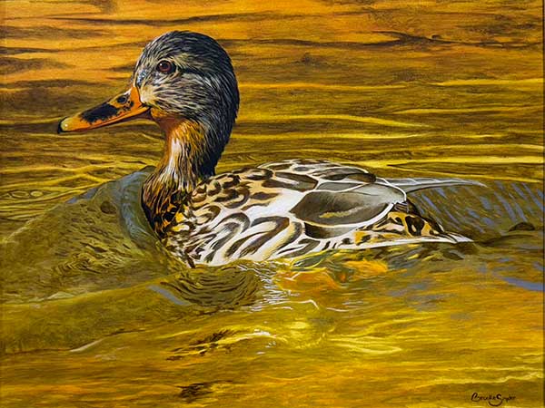painting of a duck in gold hues