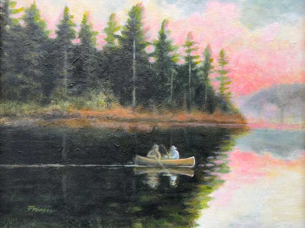 painting of two people in a canoe in a lake at sunrise
