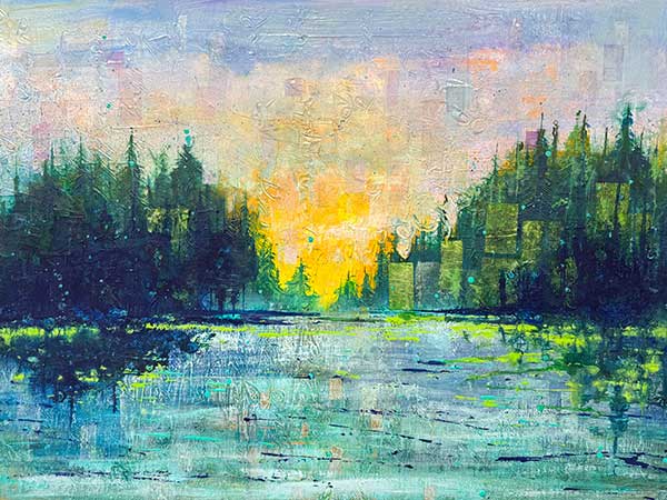 a mixed media painting of a bright yellow sun over blue water